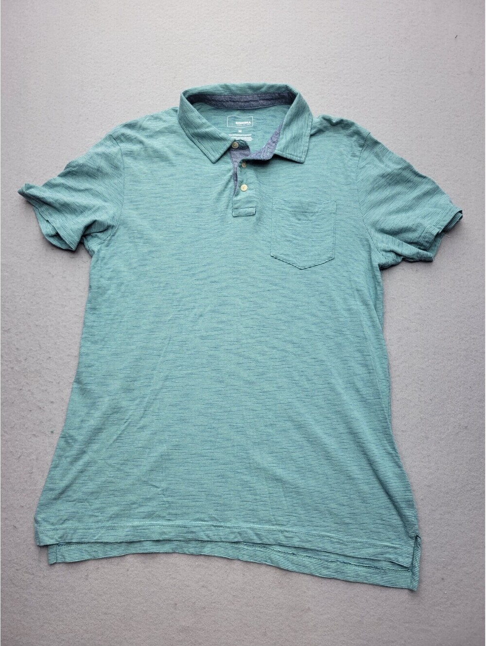 Sonoma Men's Polo Medium Green/Blue 100% Cotton Indonesia Striped Golf Athletic
